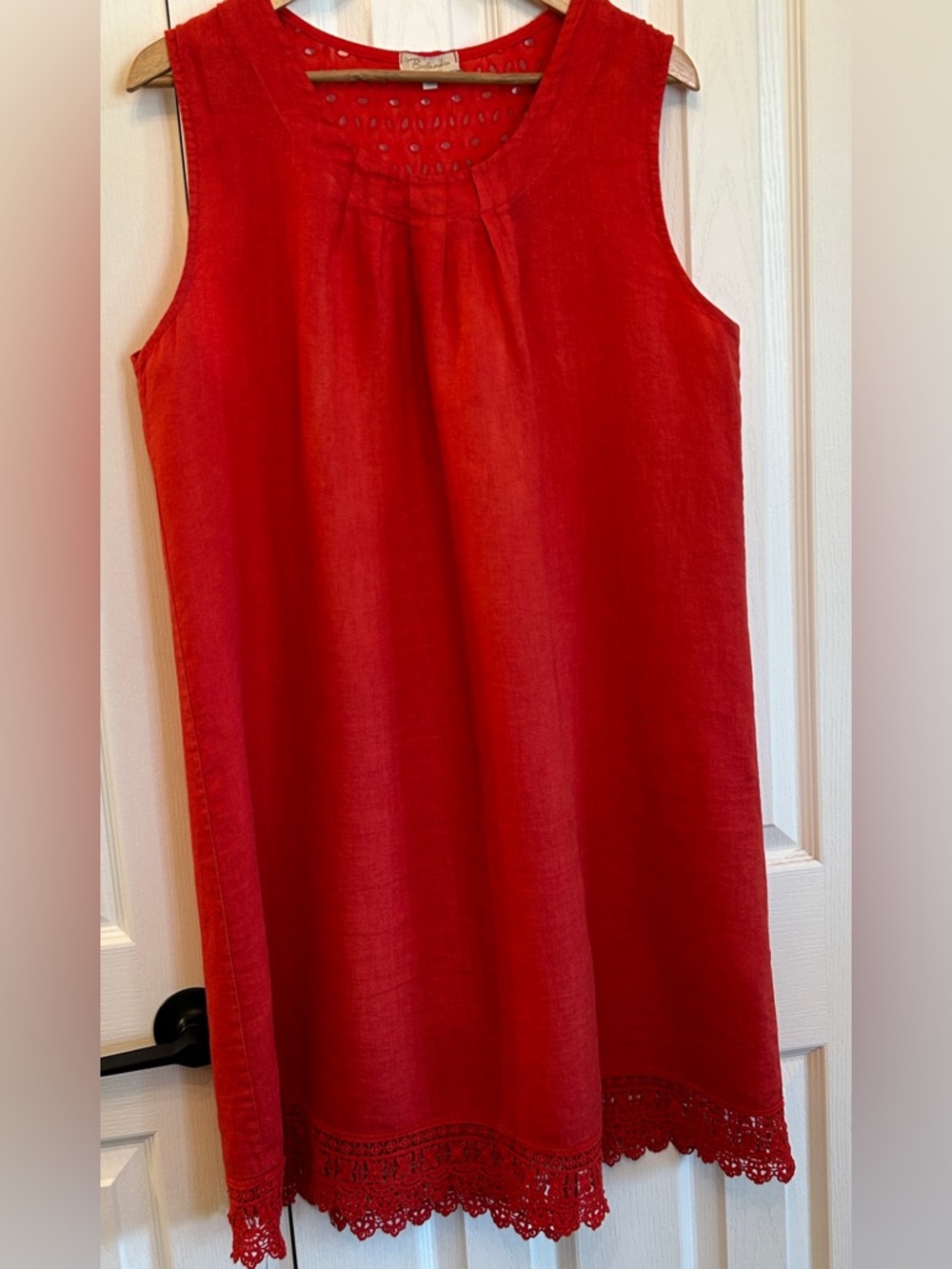 Bellambra Linen Sleeveless Midi Dress Red 1X Eyelet Lace EUC